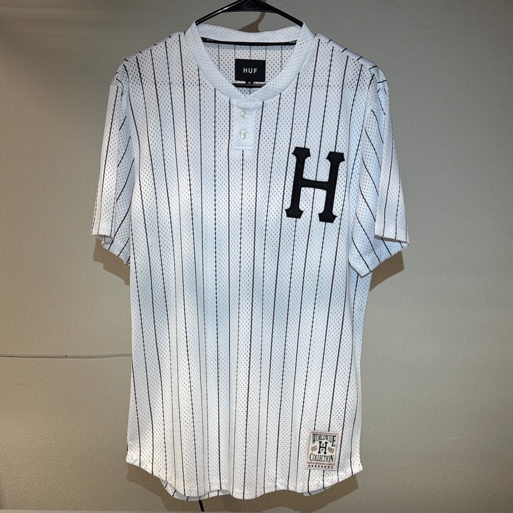 Men’s HUF Worldwide Collection Black and White Striped Jersey Size Large